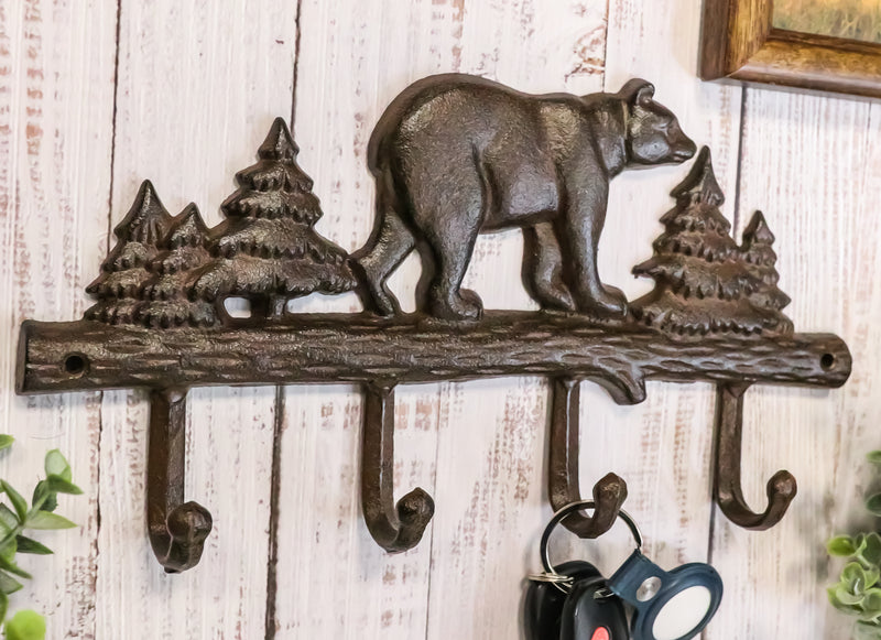 Cast Iron Rustic Forest Black Bear By Pine Trees Forest 4-Pegs Wall Coat Hooks