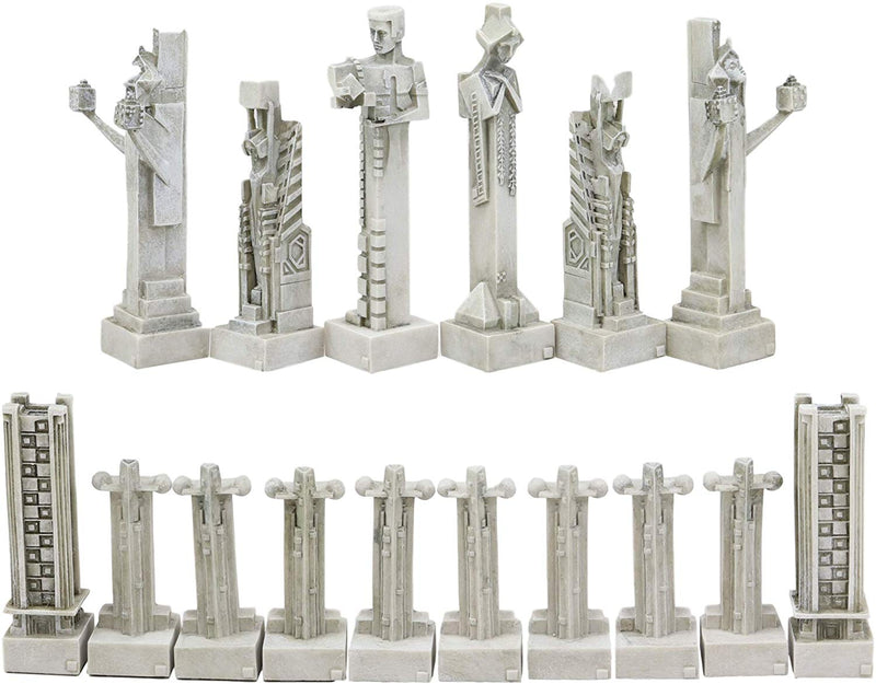 Ebros Gift Frank Lloyd Wright Architecture Midway Gardens Complex Collectible White and Black Geometrical Sprites Chess Pieces Set with 5" Tallest Sprite Piece Figurines