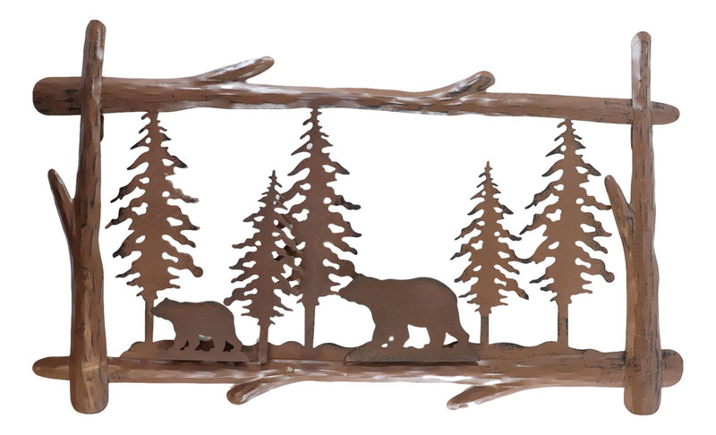 23"L Rustic Forest Black Bear And Cub By Pine Trees Metal Wall Art Sign Plaque