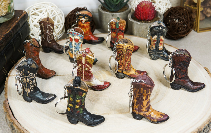 Pack of 12 Western Cowboy Cowgirl Faux Tooled Leather Boots Keychain Figurines