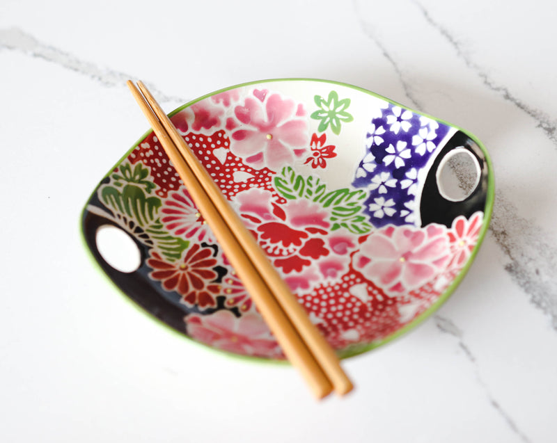 Pink Cherry Blossoms Small Appetizer Coupe Plate Flat Bowl With Chopsticks Set