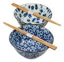 Ebros Japanese Vintage Floral Blue White Design Ceramic Bowl Set of 2 With Chopsticks