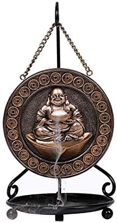 Feng Shui Lucky Buddha Hotei Medallion Backflow Incense Burner With Stand 9.75"H