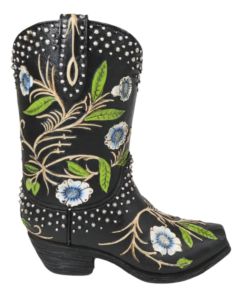 Western Cowboy Black Tooled Leather Floral Vines Cowboy Boot Pen Holder Vase