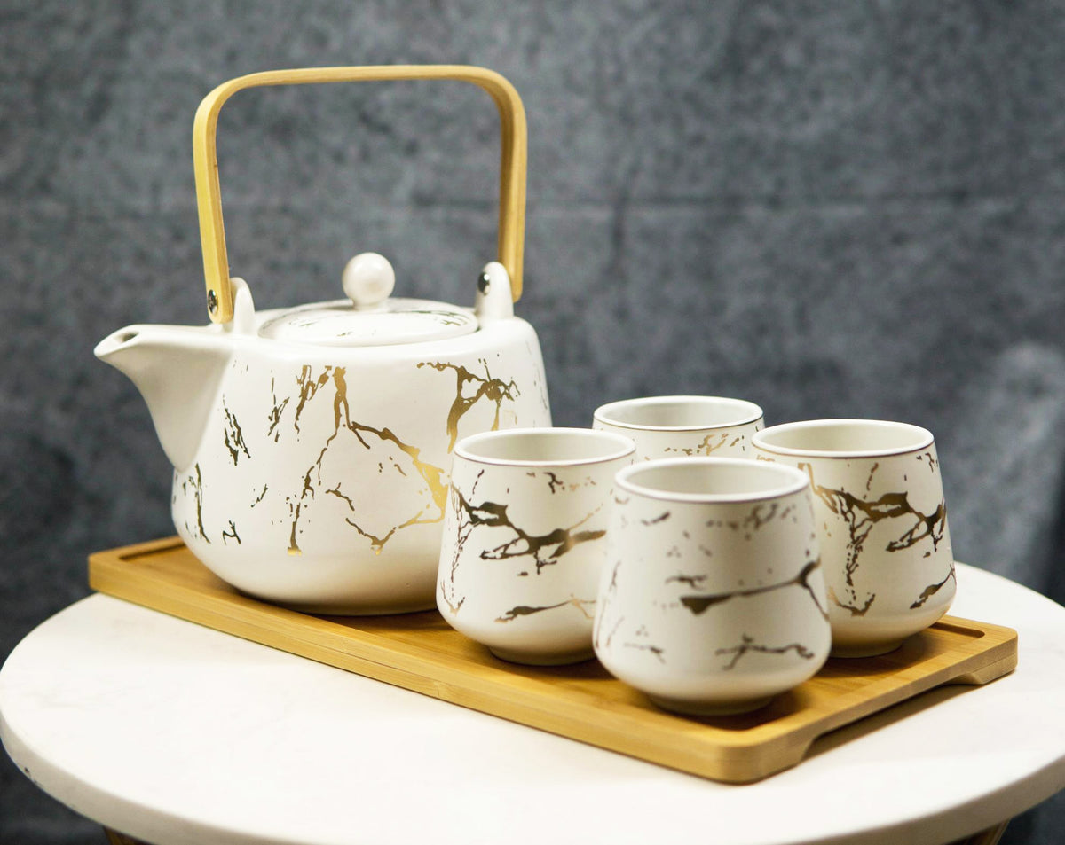 White Faux Marble With Gold Veins Ceramic Tea Pot And Cups With Tray Set For 4 - Ebros Gift