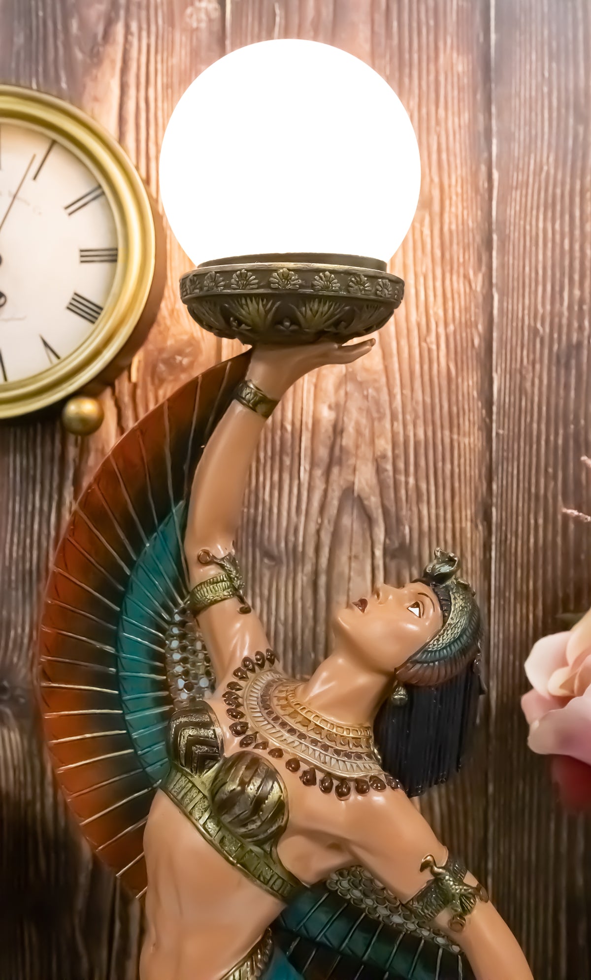 Egyptian Winged Goddess Isis Dancing Side Table Glass Orb Sphere Lamp Statue