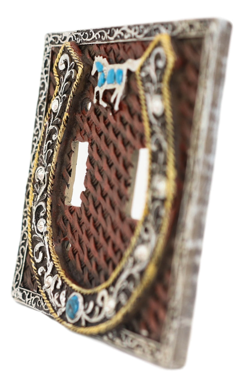 Set of 2 Western Horseshoe Turquoise Mustang Wall Double Toggle Switch Plates