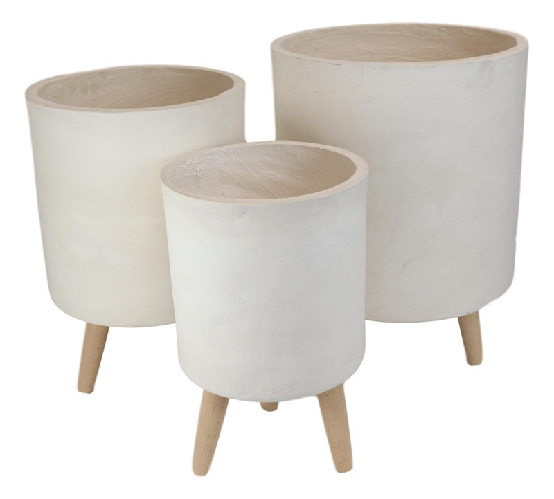 Set of 3 Contemporary White Fiber Clay Cylindrical Planter Pots With Wooden Feet