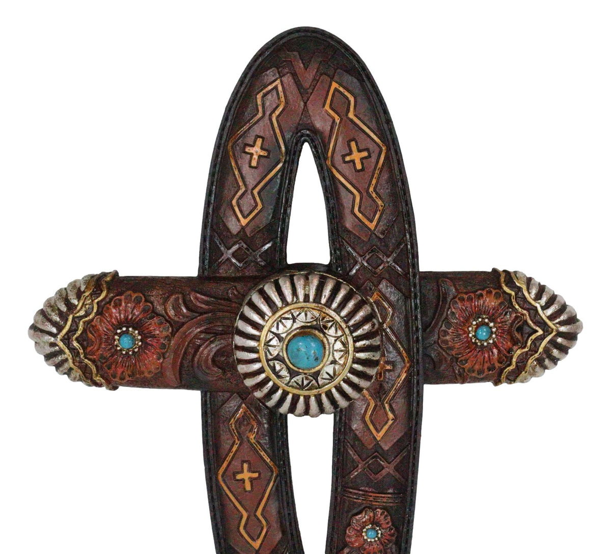 Rustic Western Turquoise Gem Concho Tooled Leather Belt Ichthys Fish Wall Cross