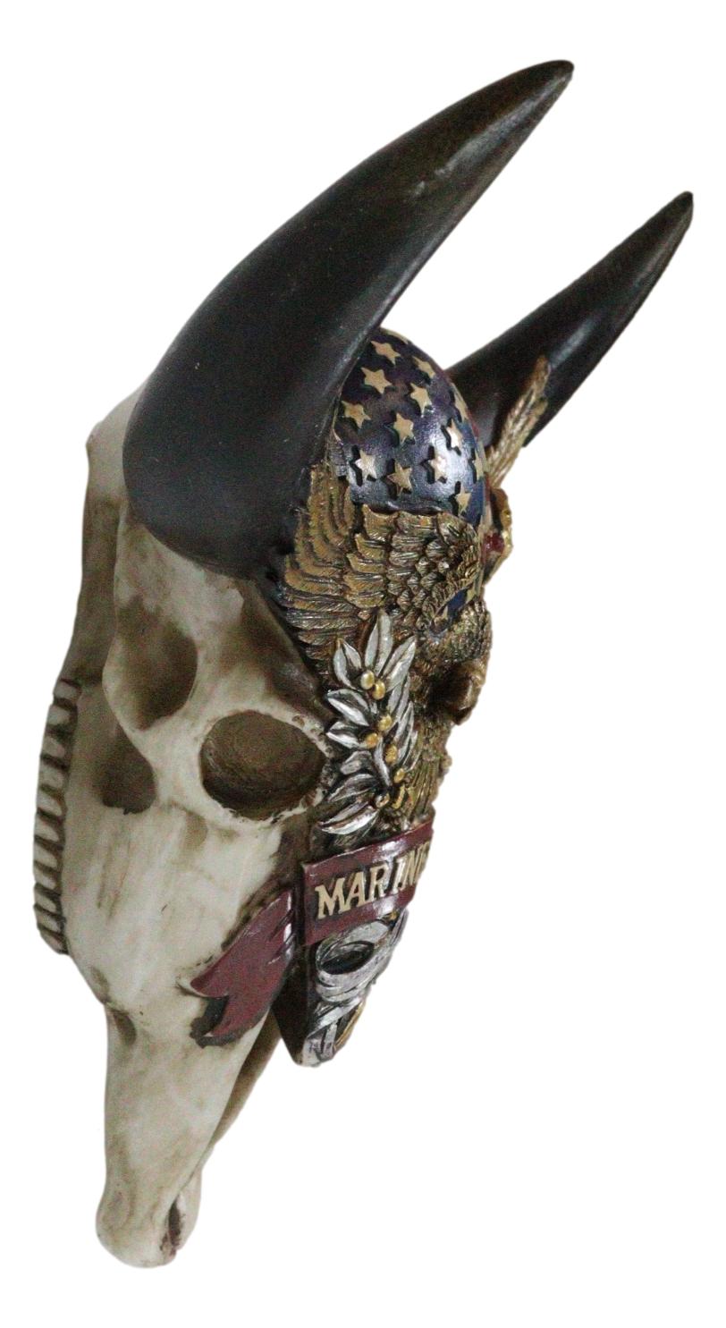 Western Patriotic Bull Cow Skull W/ American Flag Bald Eagle Marine Wall Decor - Ebros Gift