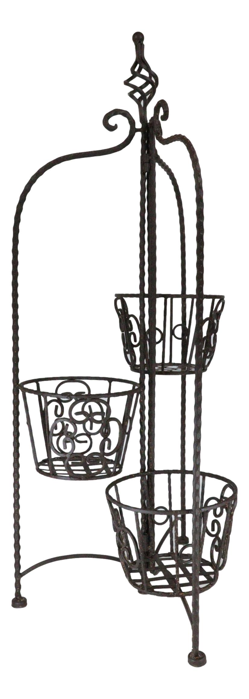 Vintage Rust Finish French Cottage Scroll Metal 3 Tiered Folding Plant Stand