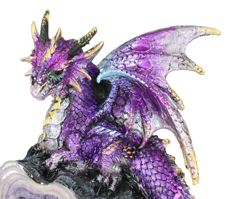 Space Purple Iridescent Dragon On Faux Geode Rock Quartz Crystal Cove Figurine