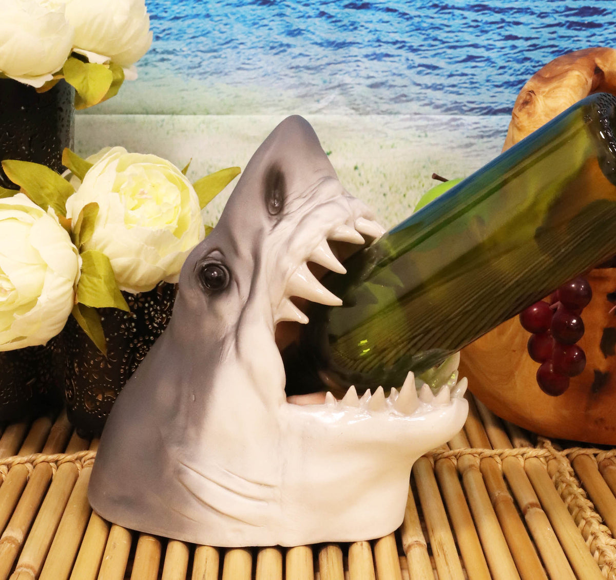 Ocean Marine Prehistoric Megalodon Shark Jaws and Teeth Wine Holder Caddy Statue