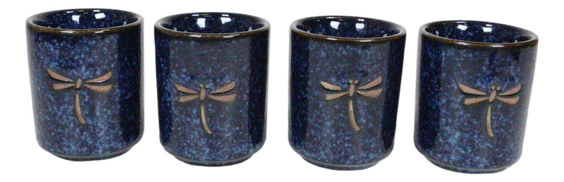 Japanese 14oz Ceramic Midnight Blue Dragonfly Tombo Sake Set Flask With Four Cups