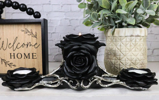 Gothic Baroque Victorian Black Roses Triple Votive Candle Holder Figurine
