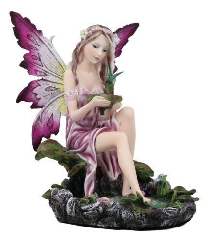 Mysterious Water Lagoon Purple Fairy With Hummingbird Statue 9"H Garden Fairies - Ebros Gift