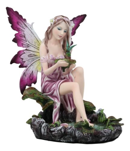 Mysterious Water Lagoon Purple Fairy With Hummingbird Statue 9"H Garden Fairies
