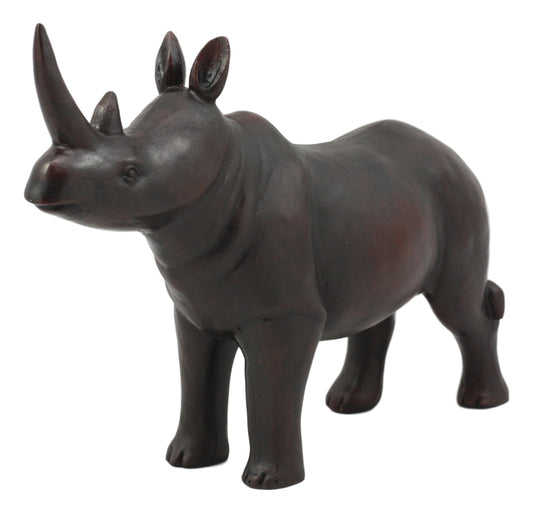 Ebros African Safari Rhino Rhinoceros Statue 9.5" Long in Dark Mahogany Faux Wood Finish
