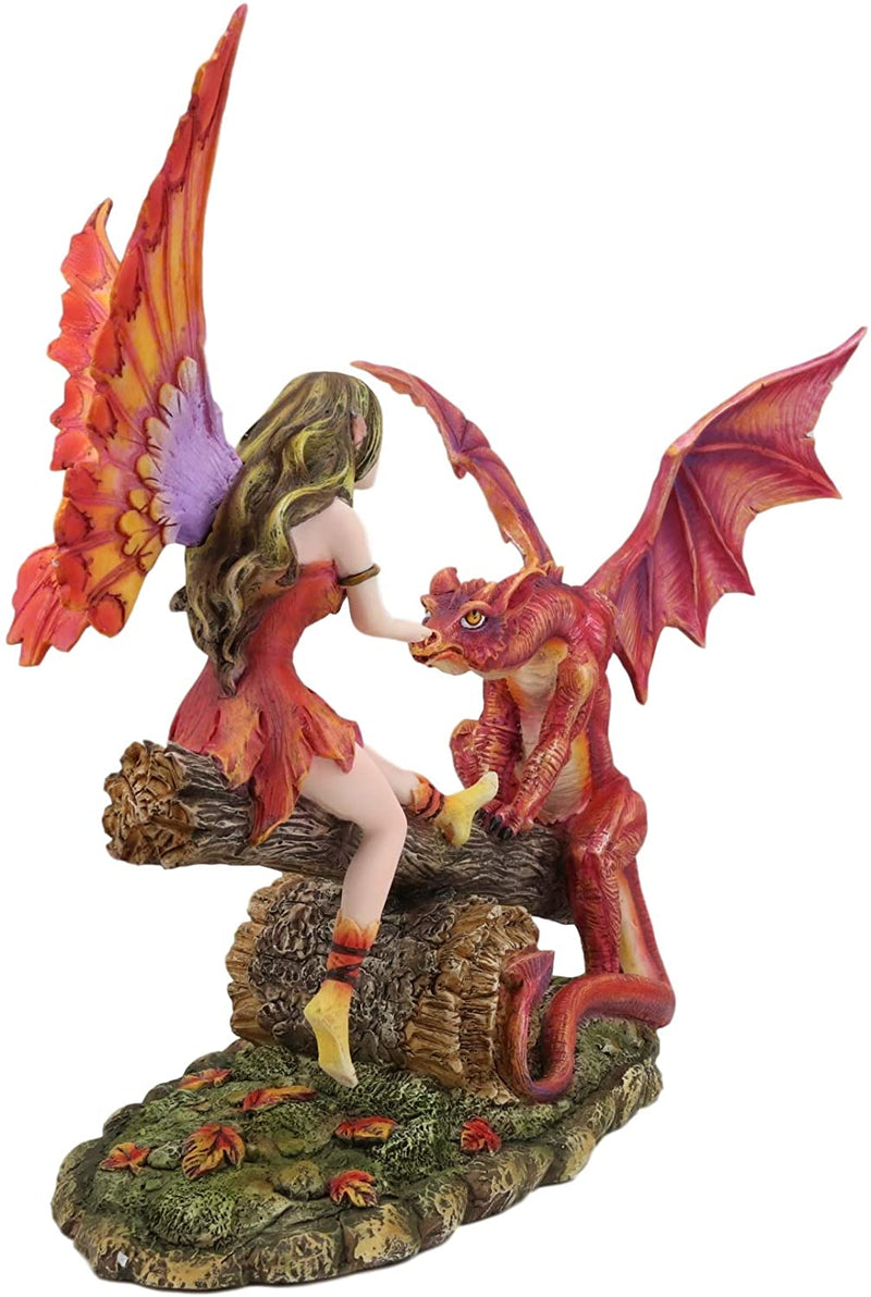 Ebros Amy Brown Elf Fire Fairy with Red Dragon On Wood Logs Seesaw Statue 8.5" H