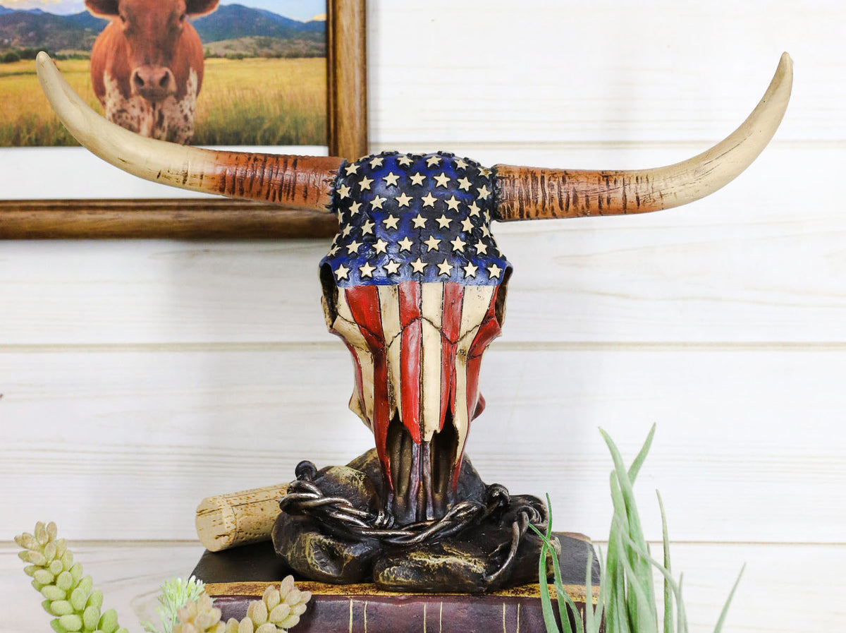 Ebros Western Patriotic American Flag Texas Longhorn Bull Steer Skull Desktop Figurine - Ebros Gift