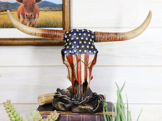 Ebros Western Patriotic American Flag Texas Longhorn Bull Steer Skull Desktop Figurine - Ebros Gift