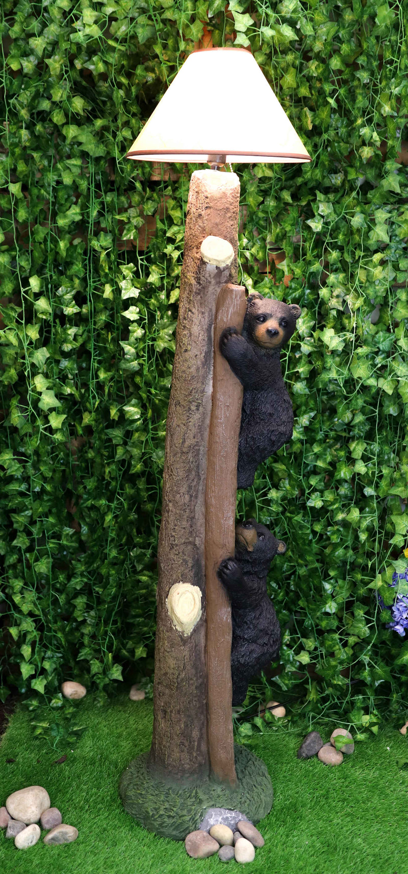 Rustic Black Bear Cubs Climbing Up Tree Ladder Standing Floor Lamp Statue 60"H