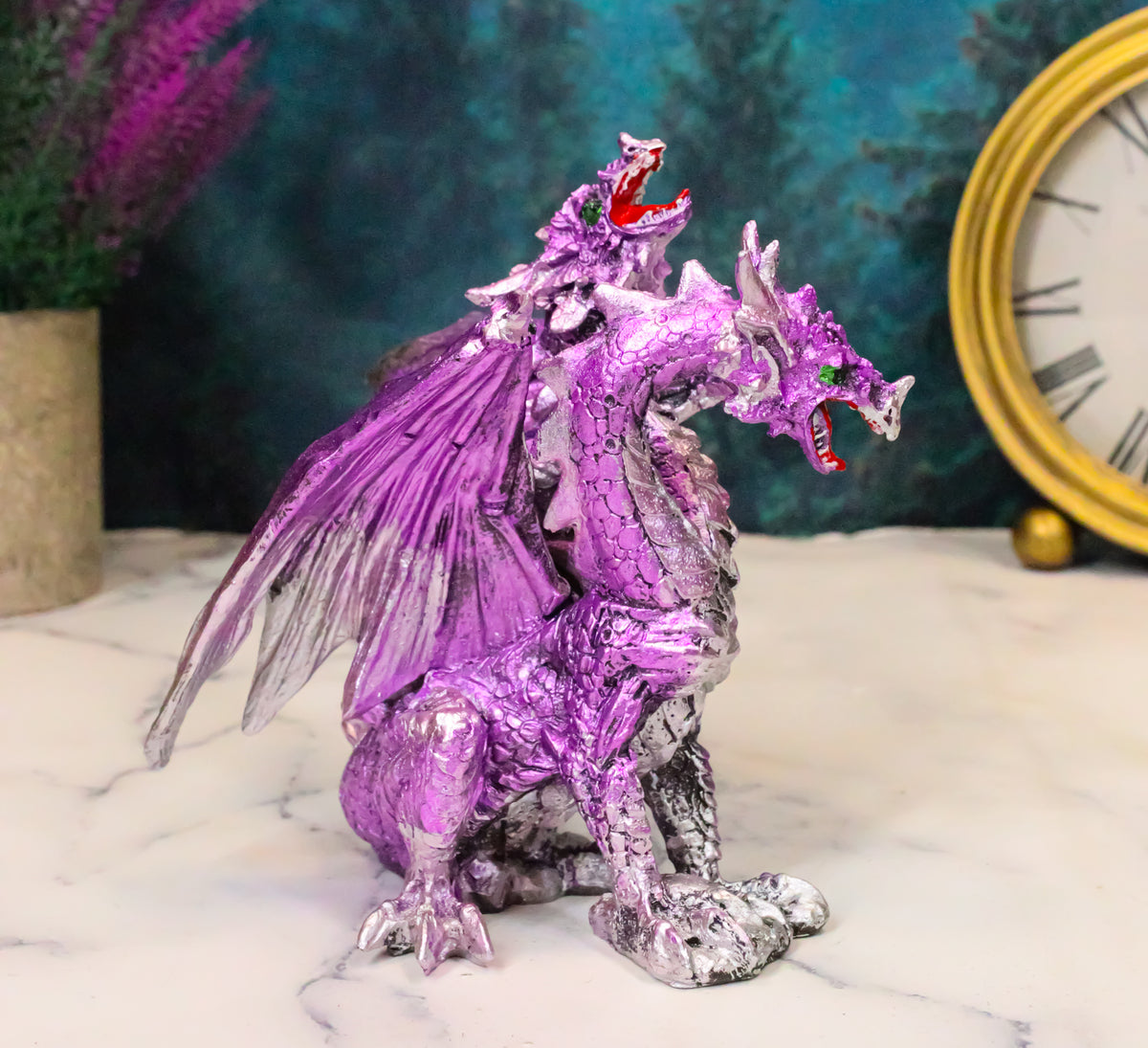 Fearsome Metallic Purple Double Headed Hydra Dragon Fantasy Figurine 4.75"H