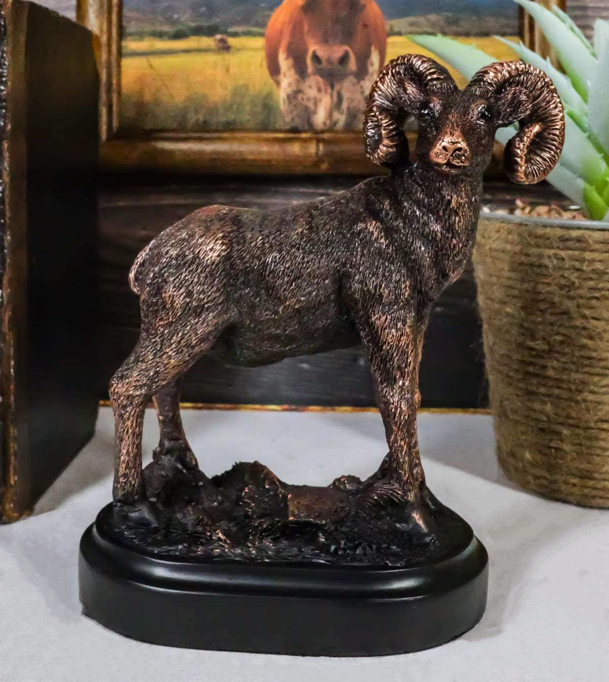 Wildlife Animal Taxidermy Bighorn Sheep Ram On Grassland Figurine With Base