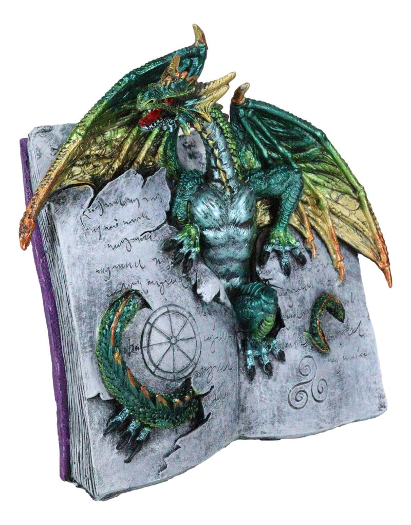 Guardian Of Bibliography Gold Green Dragon Emerging Out Of Spell Book Figurine