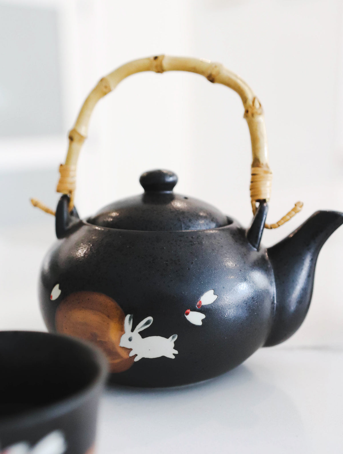 Eastern Folk Zen White Moon Rabbit Hare Black Ceramic Tea Pot With 4 Cups Set - Ebros Gift
