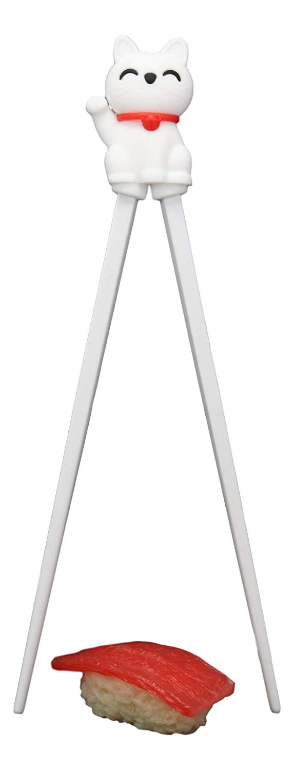 Ebros White Maneki Neko Reusable Training Chopsticks Set With Silicone Helper