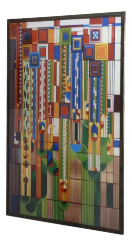 Frank Lloyd Wright Metal Framed Saguaro Cactus Flowers Stained Glass Wall Decor