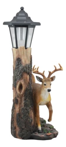 The Emperor 12 Point Buck Deer Statue Rustic Forest Tree Solar LED Light Outpost