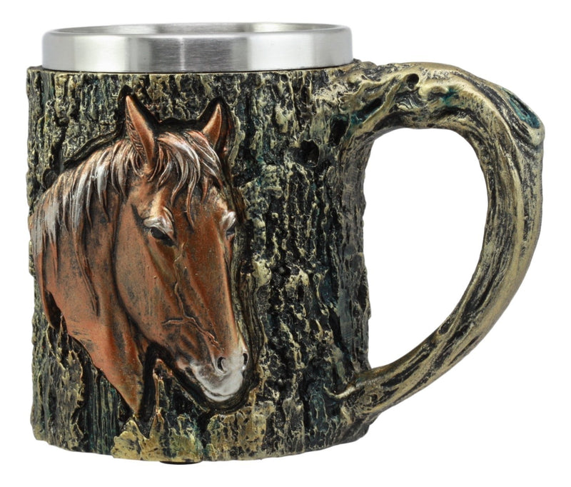 Ebros The Stallion Wildlife Chestnut Horse Mug Textured With Rustic Tree Bark Design In Painted Bronze Finish 12oz Drink Beer Stein Tankard Coffee Cup