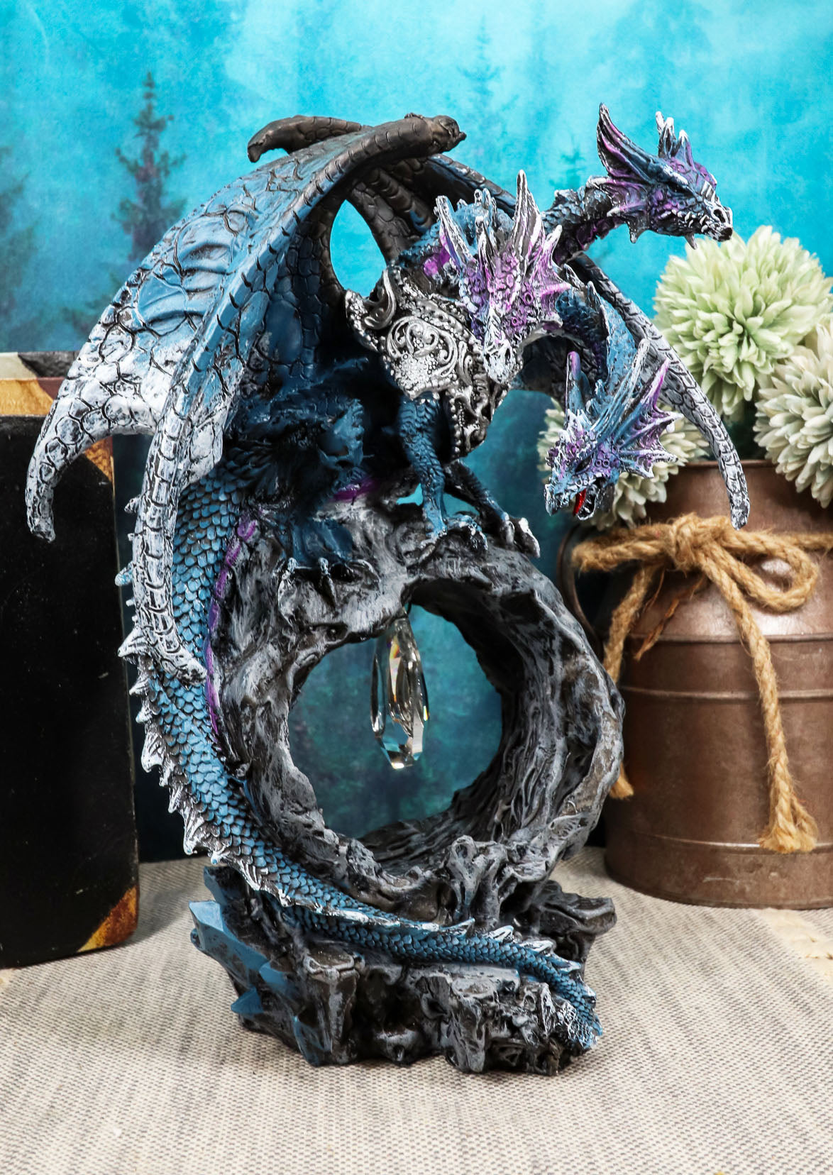 Ebros Gift 3 Headed Hydra Dragon Protecting Rune Crystal Decorative Figurine 9.75" Tall (Midnight Blue and Purple Drake) - Ebros Gift