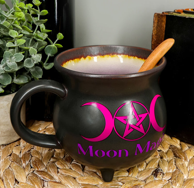 Triple Moon Magic Witch Cauldron Ceramic Mug Or Bowl 32oz With Wooden Spoon