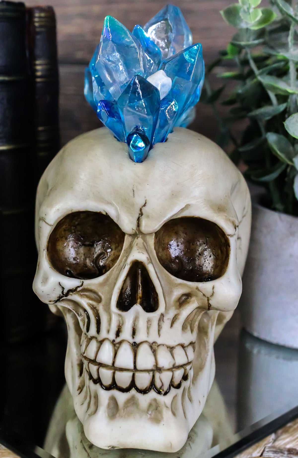 Ebros Colorful LED Light Mohawk Crystal Hair Cranium Skull Figurine 7" Long
