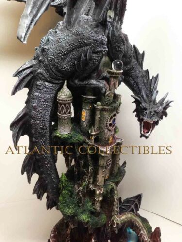 Ebros Large 23.5" Tall Black Dragon Guarding Castle Atop A Rocky Cliff Statue - Ebros Gift