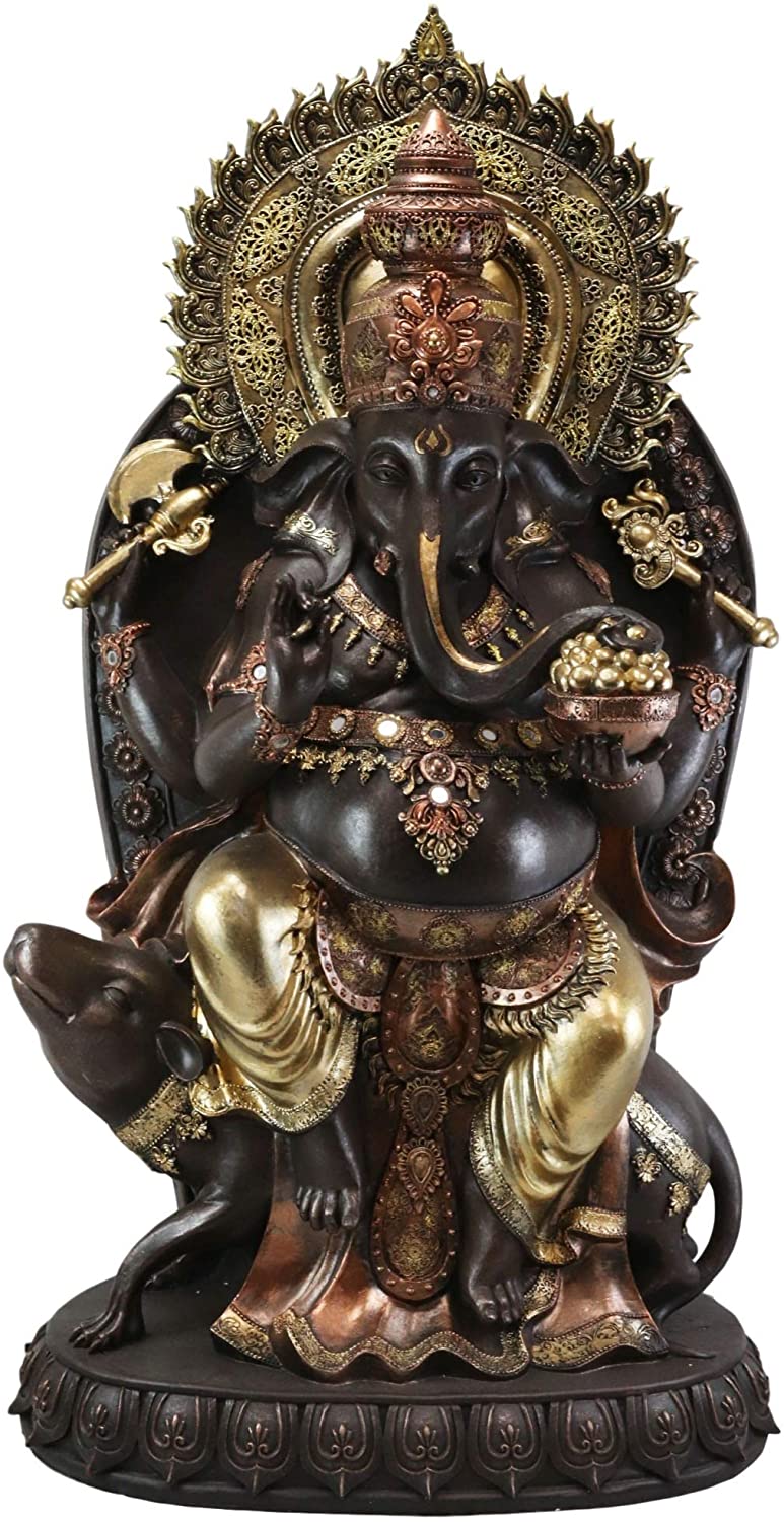 Ebros 34" Tall Large Hindu God Ganesha On Throne with Giant Mouse Figurine - Ebros Gift