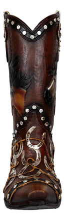 Rustic Western Running Horses Horseshoes And Cross Cowboy Boot Vase Sculpture