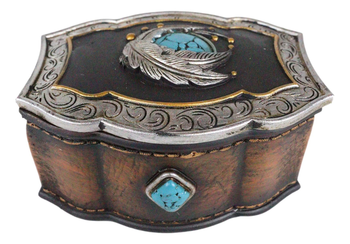 Southwest Turquoise Rocks Indian Feathers Tooled Leather Decorative Jewelry Box