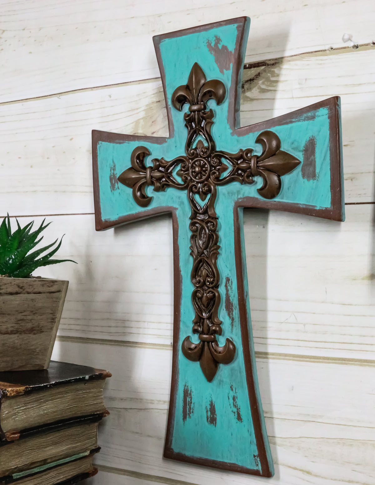 Rustic Southwestern Tuscany French Fleur De Lis Antiqued Turquoise Wall Cross - Ebros Gift