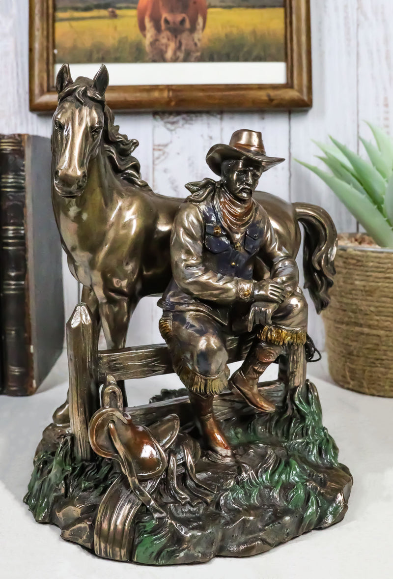 Rustic Western Desert Tranquility Cowboy Sitting By Fence And Horse Figurine
