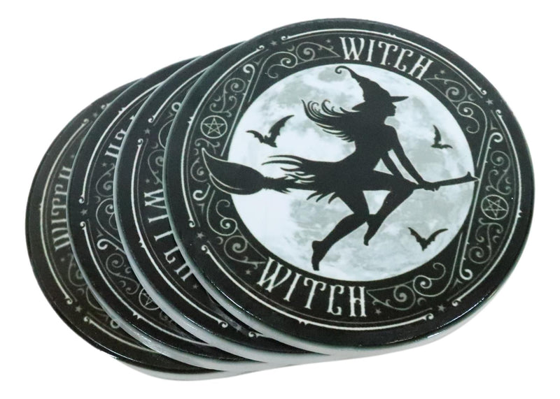 Witch Flying On Magic Broomstick Ceramic Coaster Set of 4 Tiles With Cork Backs