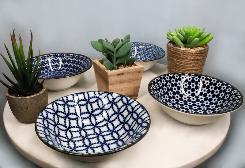 Ebros Made In Japan 4 Piece Geometry Ceramic Dining Rice Meal Soup Bowls 5.5"Diameter