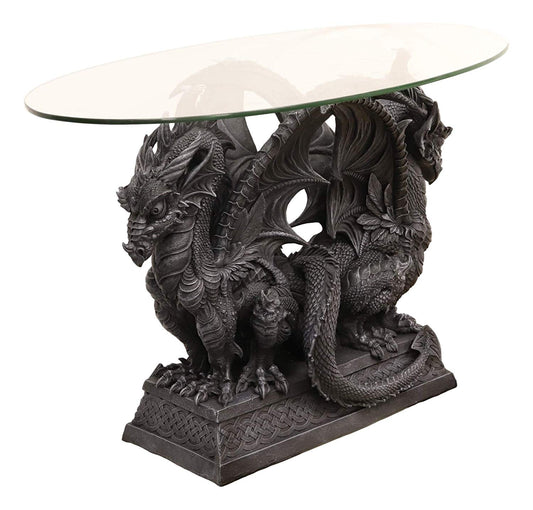 Ebros Large Crouching Twin Dragon Sentinels On Celtic Knotwork Base Coffee Side Table - Ebros Gift