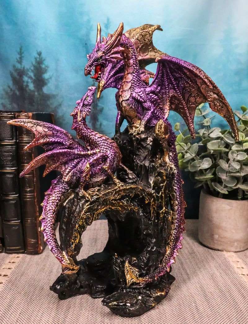 Metallic Purple Mother Dragon With Baby Family Statue 10.5"H Fantasy Home Decor