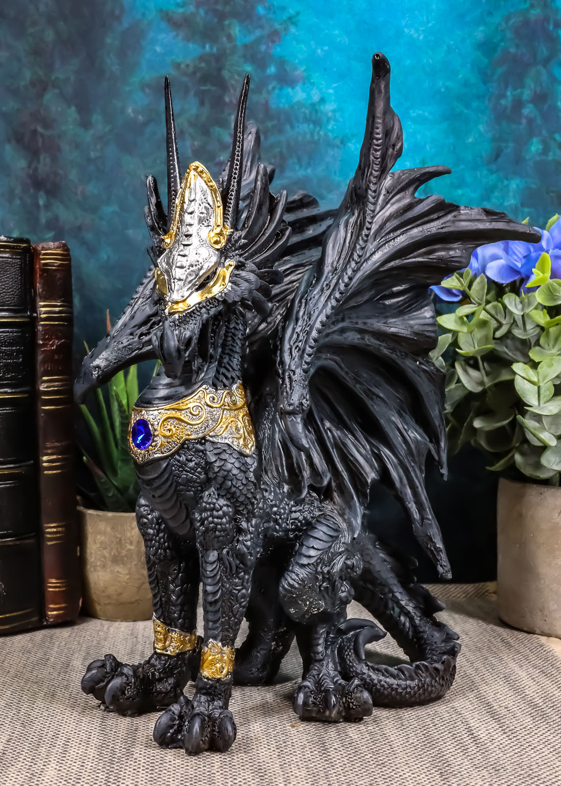 Blue Sapphire Golden Armored Combat Dragon Standing Guard In Faux Stone Statue