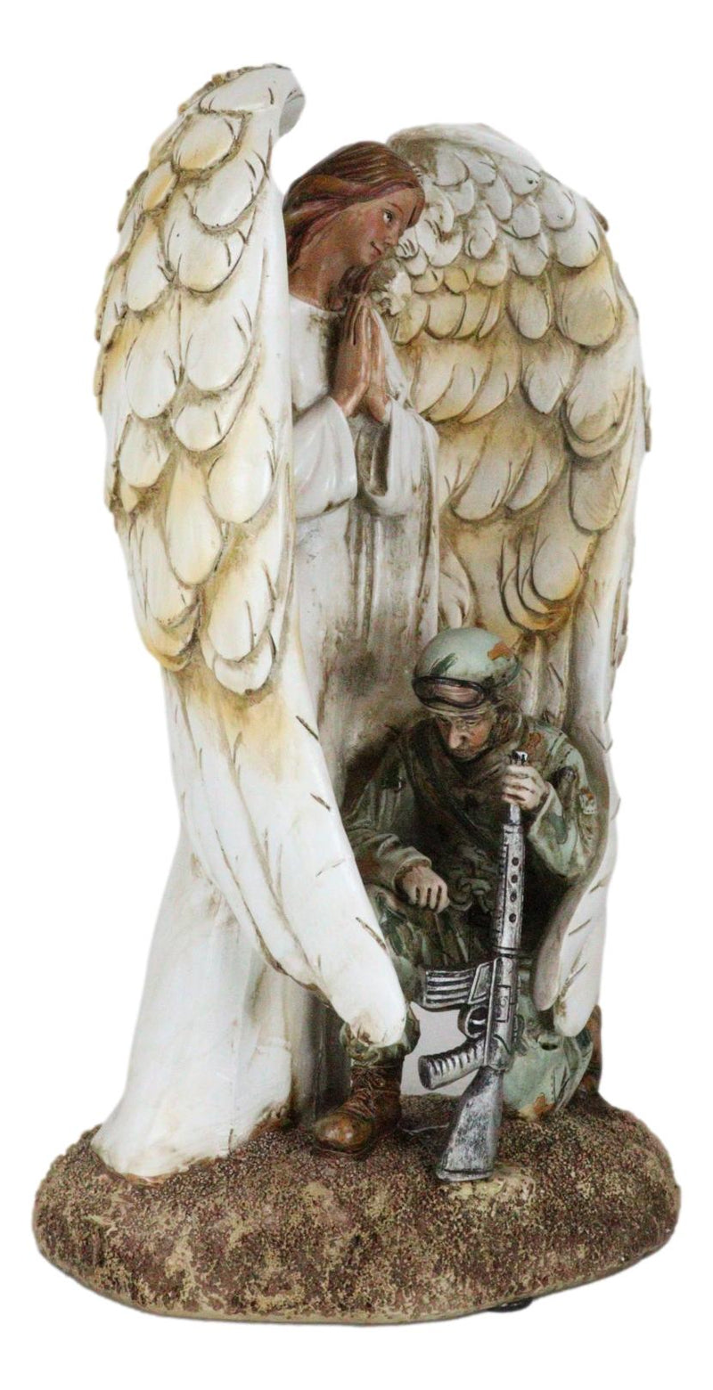 Inspirational Memorial Kneeling Soldier With Guardian Angel Praying Figurine