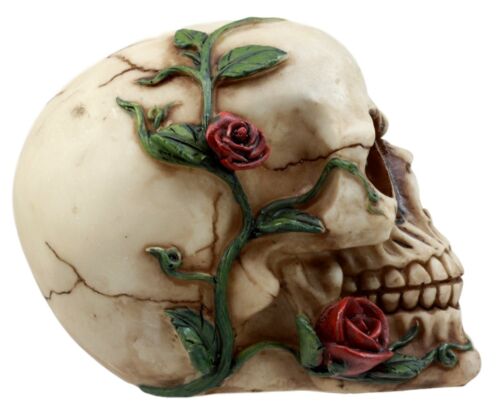 Day of The Dead Red Rose Vine Skull Figurine DOD Floral Sugar Skull Decor 6"L - Ebros Gift
